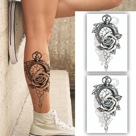 S.A.V.I 2PCS Vintage Pocket Watch Tattoo Stickers - 22x15cm Artistic Rose  Jewel Design for Men  Women