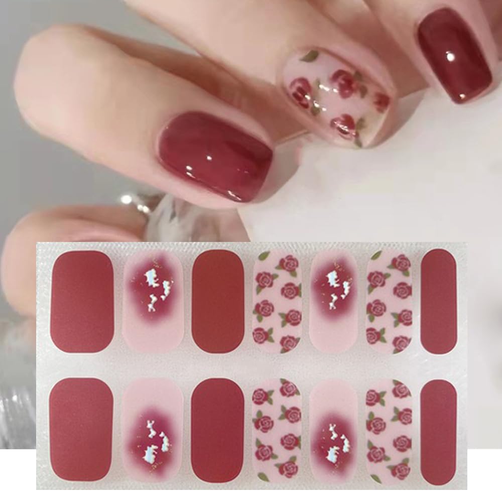 S.A.V.I 14 PCS Wine Floral Gel Nail Stickers - Self-Adhesive, Easy to Apply