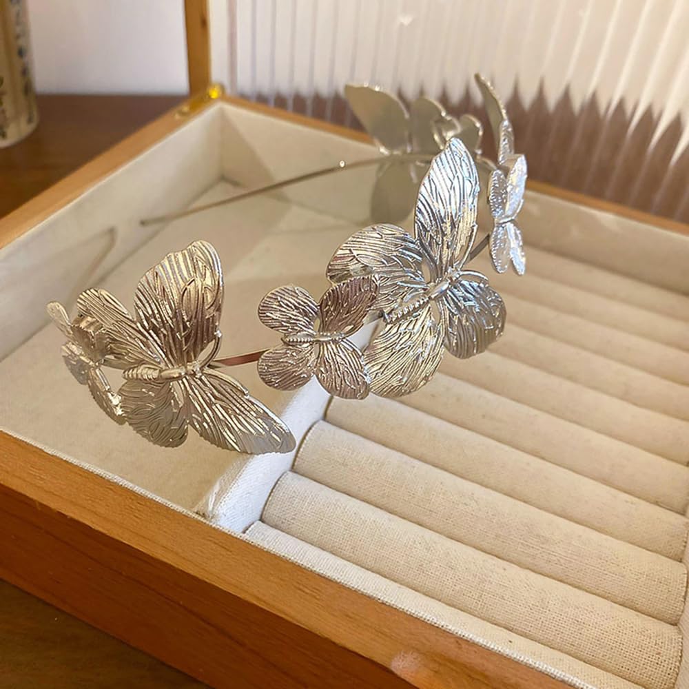 S.A.V.I Silver Butterfly Hairband for Women & Girls | Lightweight Metal Headband with 3D Textured Design | Stylish Party, Wedding & Festive Hair Accessory (14.5cm) (Silver, Onesize)