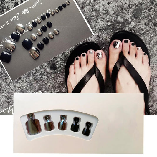S.A.V.I 24 Pcs Black  Chrome Press-On Toe Nails - False Pedicure Nails, Easy At-Home Application