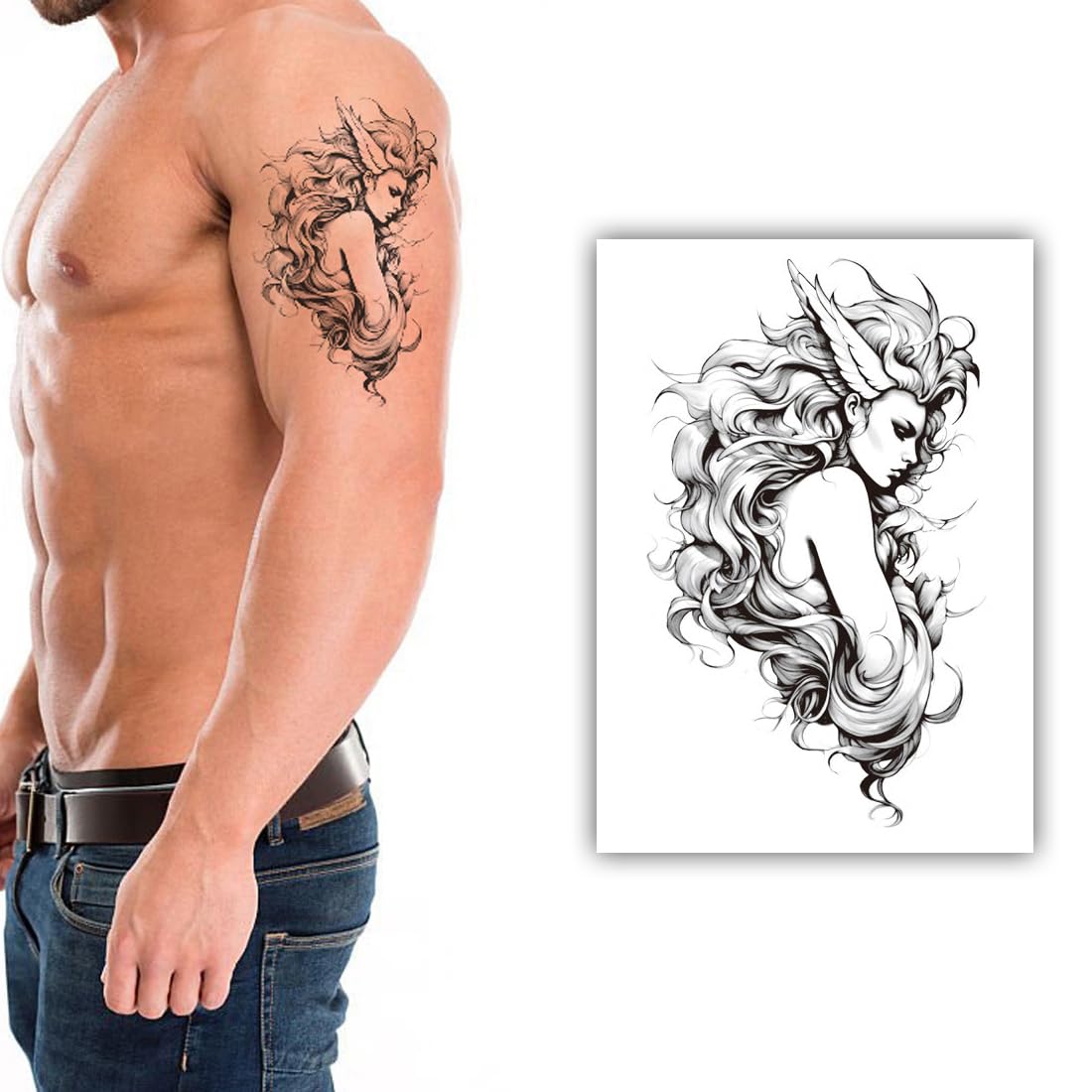 S.A.V.I Black Angel Girl Temporary Tattoo Sticker, Large 21x11 cm, Waterproof Non-Toxic Body Art Decal, Long-Lasting Fantasy Design for Arm, Back and Shoulder, Unisex, 1 Pc