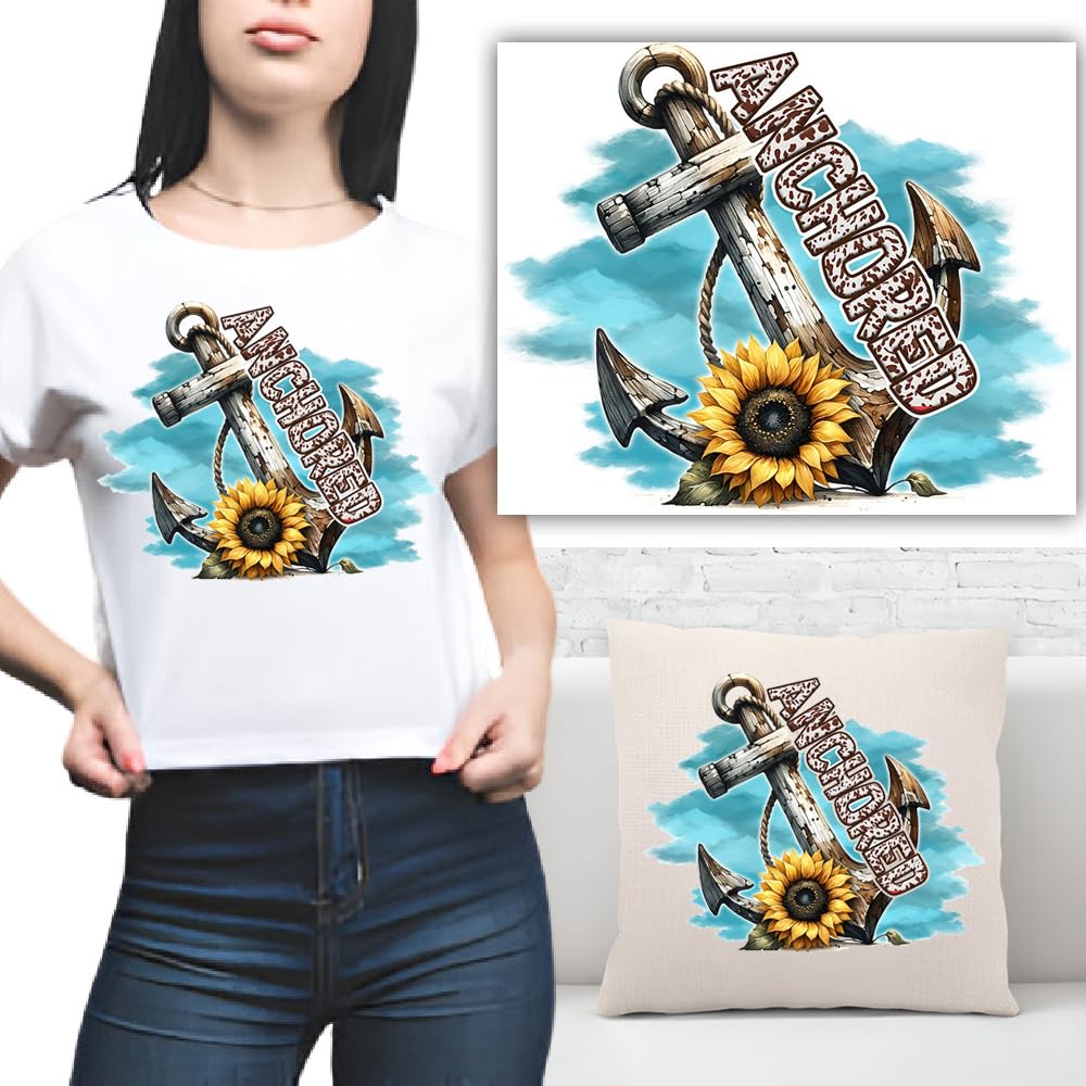 S.A.V.I 1PC Anchor  Sunflower Iron-On Heat Transfer Applique Patch for DIY Clothing, T-Shirts, Jeans, Pillows - 7x8.5 Inch, Washable  Easy-to-Apply Sticker for Craft  Fashion Projects