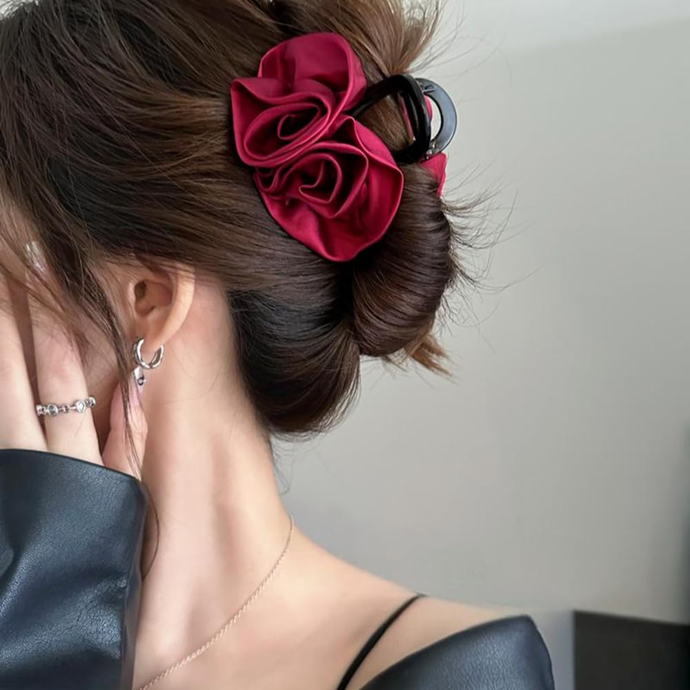 S.A.V.I Red Rose Hair Claw Clip for Women & Girls | Elegant Fabric Flower Design | Strong Grip Clutcher with Metal Spring | Stylish Hair Accessory for Daily, Wedding & Party (5.1 Inch)