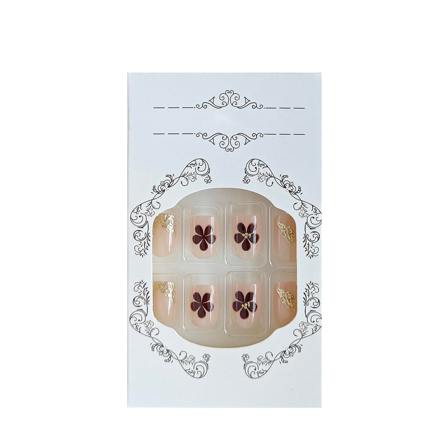 S.A.V.I 24 Pcs Nude & Brown Short Fake Nails with 3D Golden Design | Natural Shape Press On Nails with Glue & Adhesive Tabs | Easy Manicure Nail Art Decoration for Women & Girls