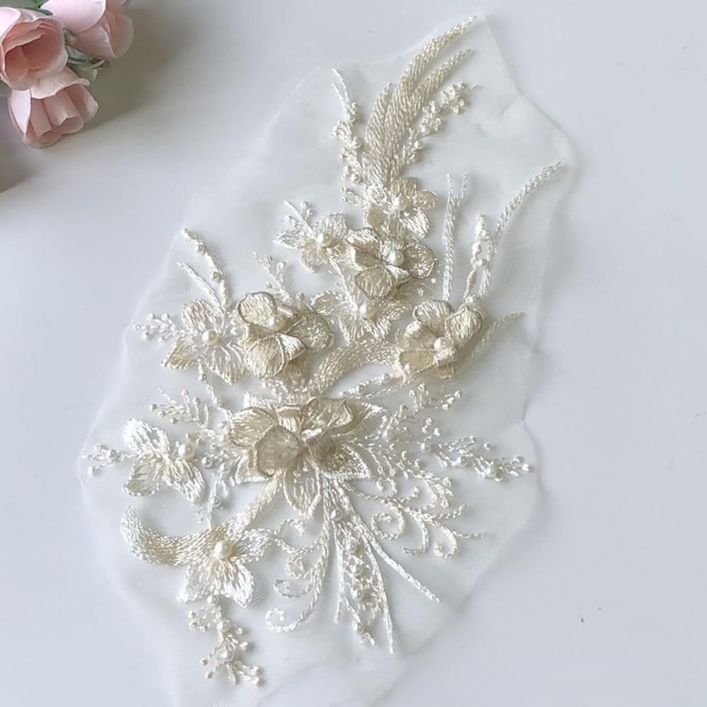 S.A.V.I Off White 3D Floral Embroidered Applique Patch | 12x6 Inch Sew-On Mesh Lace Fabric with Pearls for Bridal Blouse, Lehenga, Saree, Gown, Dress  DIY Craft Sewing | Wedding  Ethnic Wear Accessory