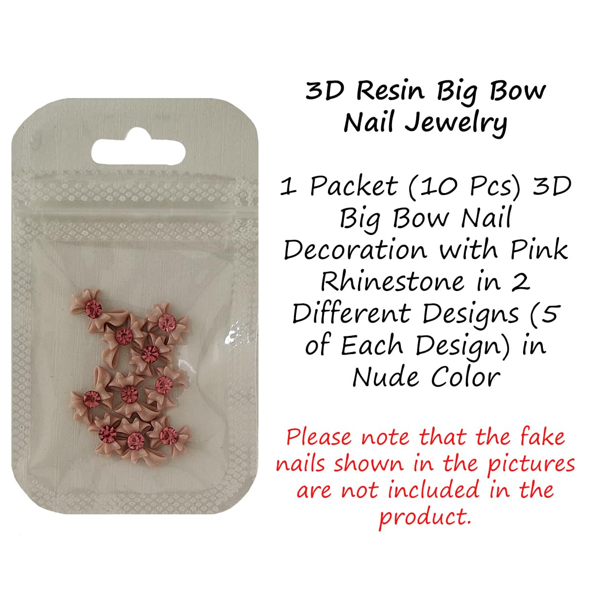 S.A.V.I 3D Nude Bow Nail Art Decorations with Pink Rhinestones – Set of 10 Resin Big Bows (2 Designs) for DIY Nail Art, Manicure, Nail Tips, Extensions & Salon Use