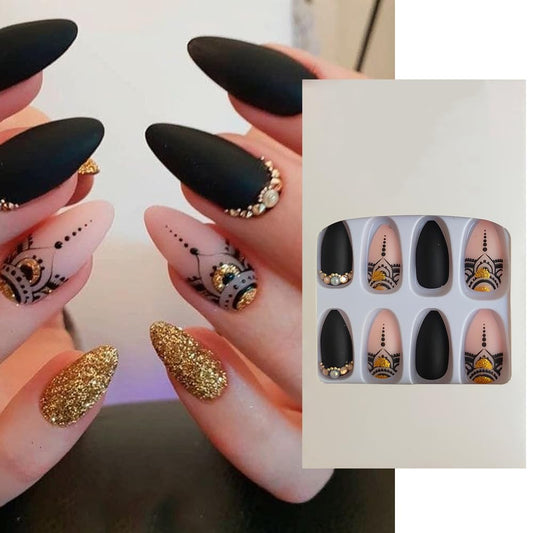S.A.V.I 24Pc Almond Black Nude 3D Crystal Glitter Press-On Nails - Elegant Fake Manicure Set