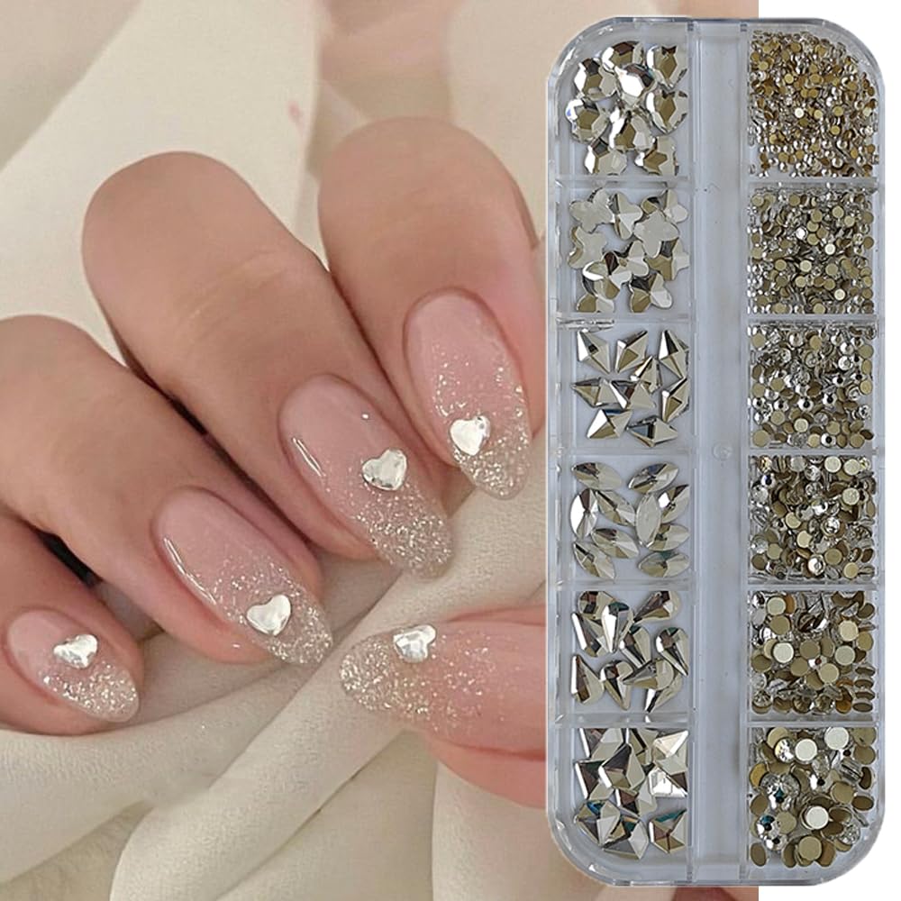 S.A.V.I Crystal Nail Art Rhinestones Kit – 3D Flatback Glass Stones in 6 Shapes & Sizes – Nail Gems for Women & Girls – Silver DIY Manicure Decoration with Picker Pencil & Tweezer