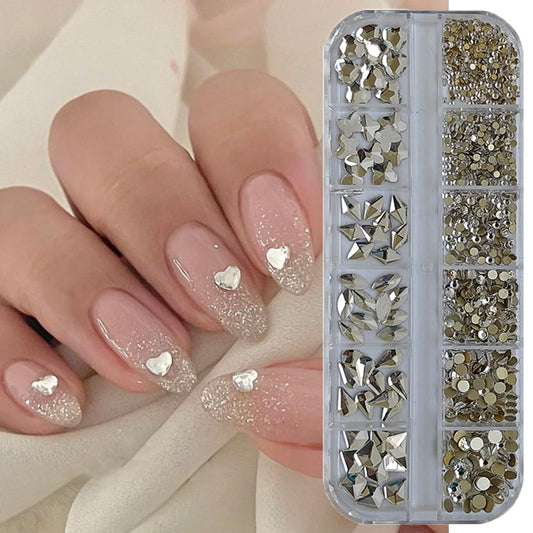 S.A.V.I Crystal Nail Art Rhinestones Kit – 3D Flatback Glass Stones in 6 Shapes & Sizes – Nail Gems for Women & Girls – Silver DIY Manicure Decoration with Picker Pencil & Tweezer