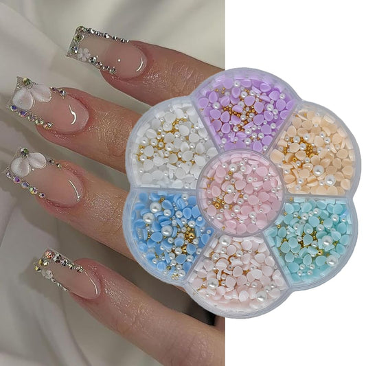 S.A.V.I 3D Flower Nail Art Decorations Set – 7 Colours Mixed Petal Charms with Pearls & Gold Beads for DIY Nail Design, Acrylic & Gel Extensions – Resin Blossoms Manicure Kit