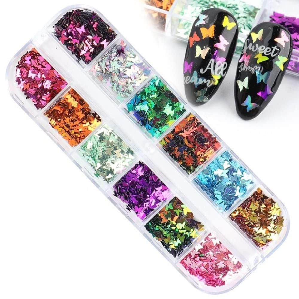 S.A.V.I 12 Colors Grids Chameleon Butterfly Thin Sequins Nail Art