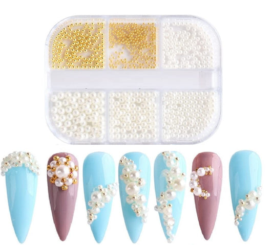S.A.V.I 6 Mixed Sizes Full Circle Metal Steel Beads Balls Natural Color Pearl Nail Art