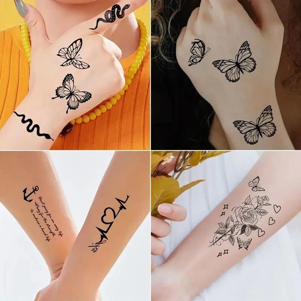 S.A.V.I 30 Pcs Black Temporary Tattoo Stickers for Girls & Women (9.7x5.7 cm) | Waterproof, Non-Toxic Body Art | Butterfly, Floral, Script Designs | Easy to Apply & Remove | Arm, Wrist, Back Use (01)