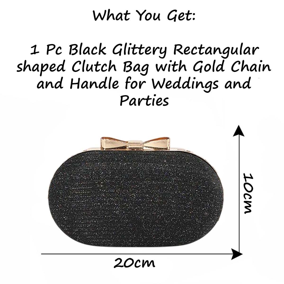 S.A.V.I Women’s Black Glitter Clutch Bag | Oval Hard Case Evening Purse with Gold Chain & Bow | Stylish Party & Wedding Handbag for Girls & Women (Black)