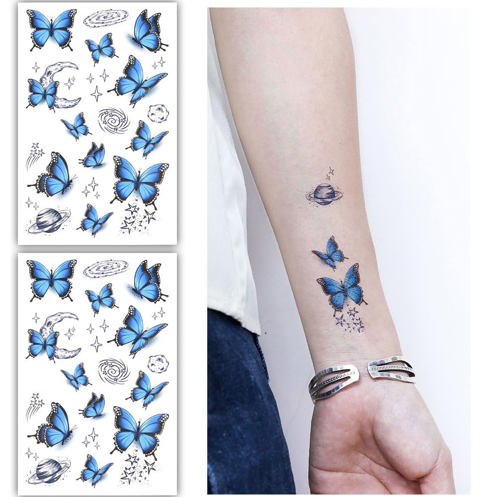 S.A.V.I 2 Sheets - Blue Butterfly Temporary Tattoos for Kids  Adults, 12x7.5 cm Each - Waterproof, Easy Apply  Remove - Ideal for Parties, Festivals, Crafts - Long-lasting Body Art Stickers