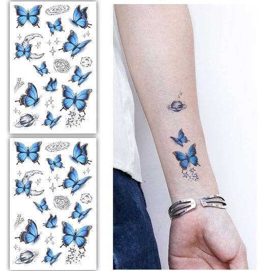 S.A.V.I 2 Sheets - Blue Butterfly Temporary Tattoos for Kids  Adults, 12x7.5 cm Each - Waterproof, Easy Apply  Remove - Ideal for Parties, Festivals, Crafts - Long-lasting Body Art Stickers