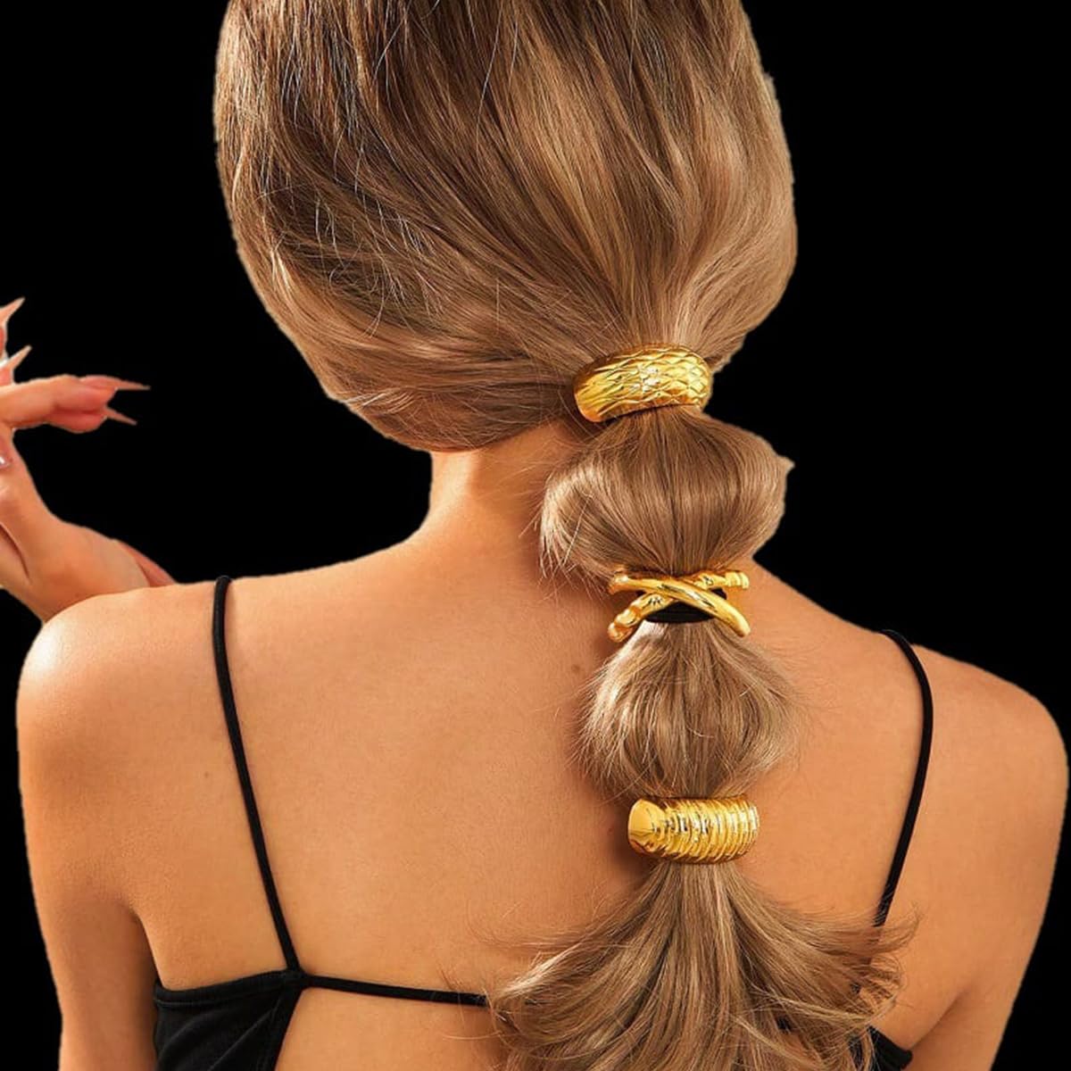 S.A.V.I 3pcs Gold Alloy Metal Hair Ties for Women – Elastic Ponytail Holders | Stylish Durable Hair Accessories with Abstract Geometric Design for Daily & Party