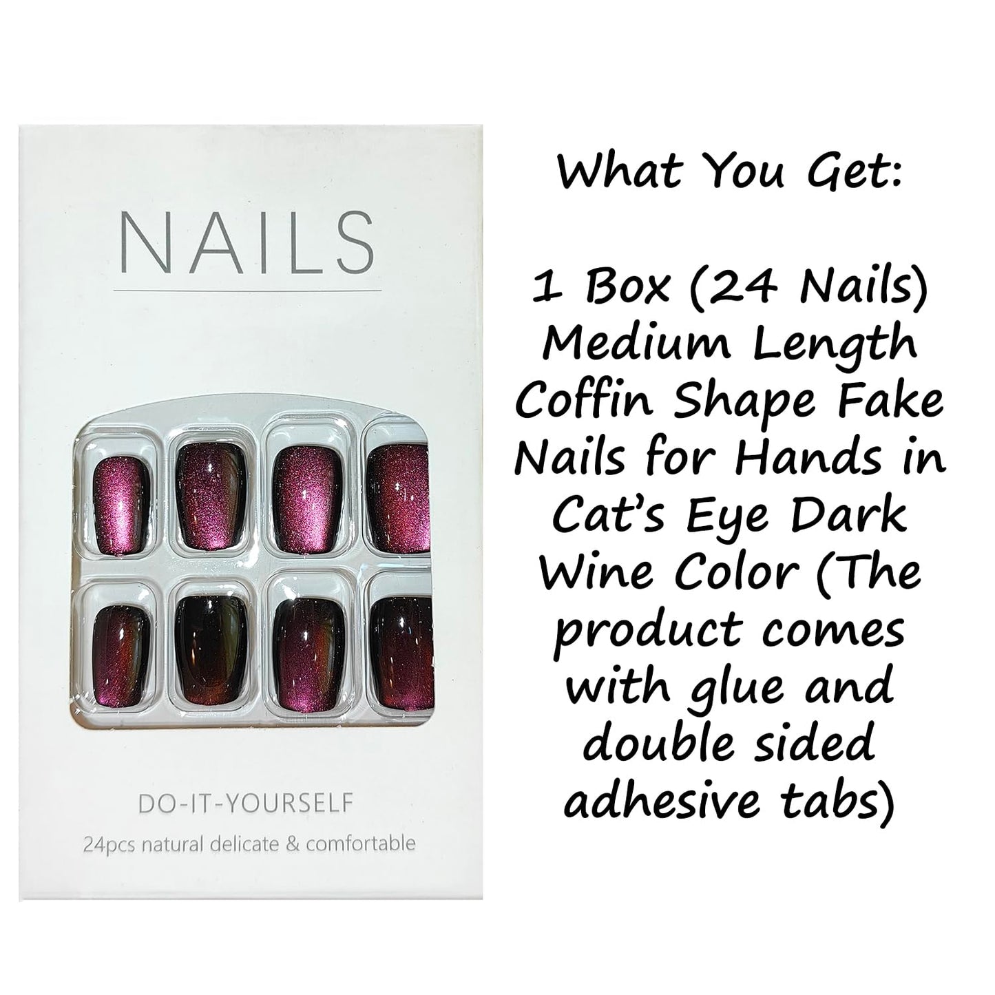 S.A.V.I Cat’s Eye Dark Wine Coffin Shape Press On Nails for Women | 24pcs Medium Length Artificial Nail Tips with Glue & Adhesive Tabs | Glossy Magnetic Effect Fake Nails for DIY Nail Art