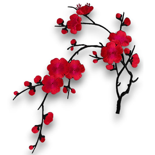 S.A.V.I 3D Red Cherry Blossom Embroidered Iron-On Patch for Clothes | Floral Appliqué for Sarees, Kurtis, Jackets & DIY | 7x6.1 inch| Heat Press Pre-Glued Fabric Patch for Repair & Decoration