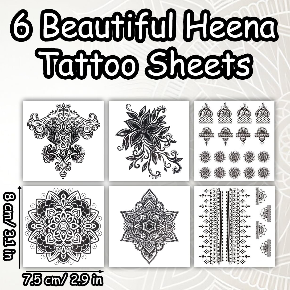 S.A.V.I 6 Sheet Black Heena Style Temporary Tattoo for Women & Girls | Waterproof Mehndi Body Art Stickers | Safe Non-Toxic | Indian Intricate Designs for Hands, Arms, Fingers (8x7.5 cm) (2)