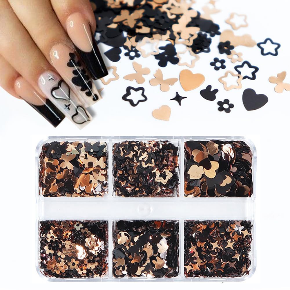 S.A.V.I 6 Grids Nail Art Charms Sequins | Holographic Butterfly Heart Bunny | Manicure DIY