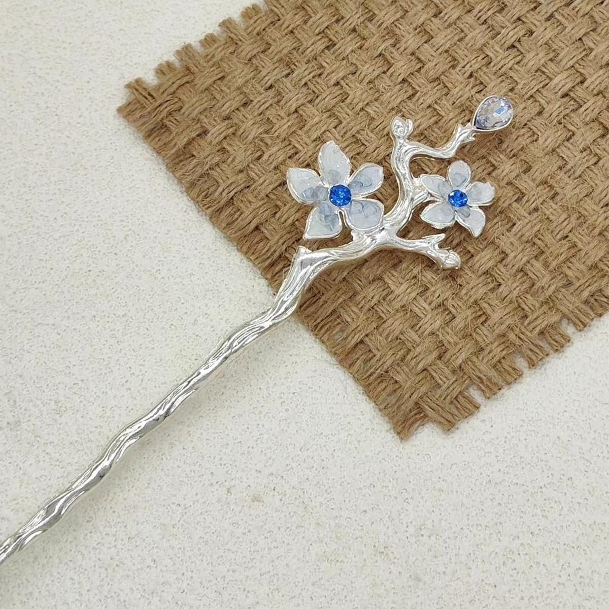 S.A.V.I Silver Cherry Blossom Hair Stick for Women & Girls | 16cm Floral Bun Pin with Crystal Accents | Elegant Traditional & Party Hair Accessory