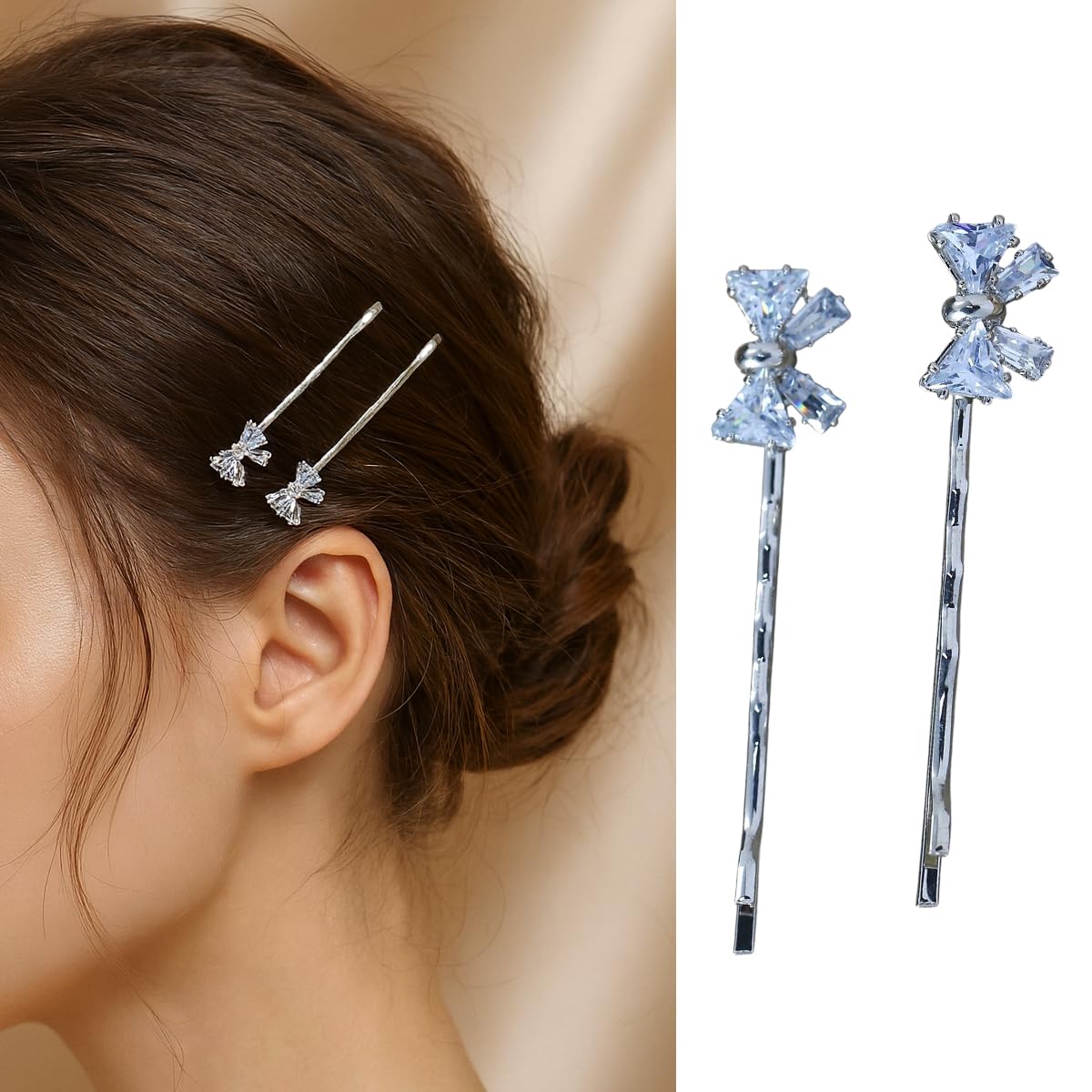 S.A.V.I 1 Pair Crystal Rhinestone Bow Hair Pins for Women & Girls | Silver Stylish Bobby Pins | 6cm Elegant Big Bow Hair Clips for Party, Wedding