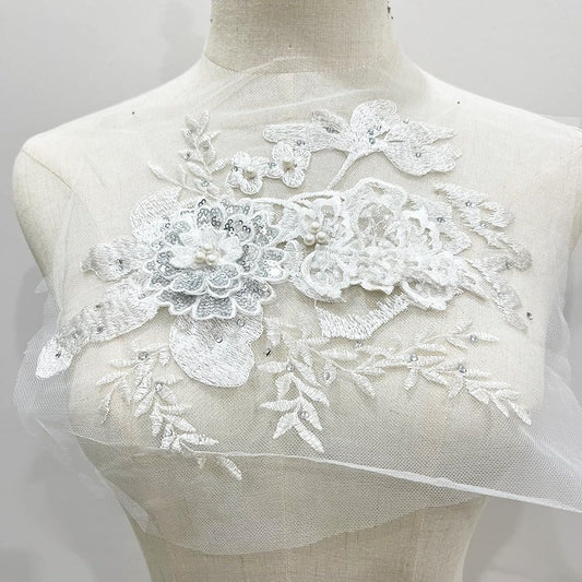 S.A.V.I 3D White Floral Embroidered Applique Patch | Pearl  Sequin Beaded Mesh Lace | 9.8x7.8 in | DIY Sewing for Bridal, Saree, Lehenga, Gown, Blouse, Dupatta  Ethnic Wear | Craft  Decor
