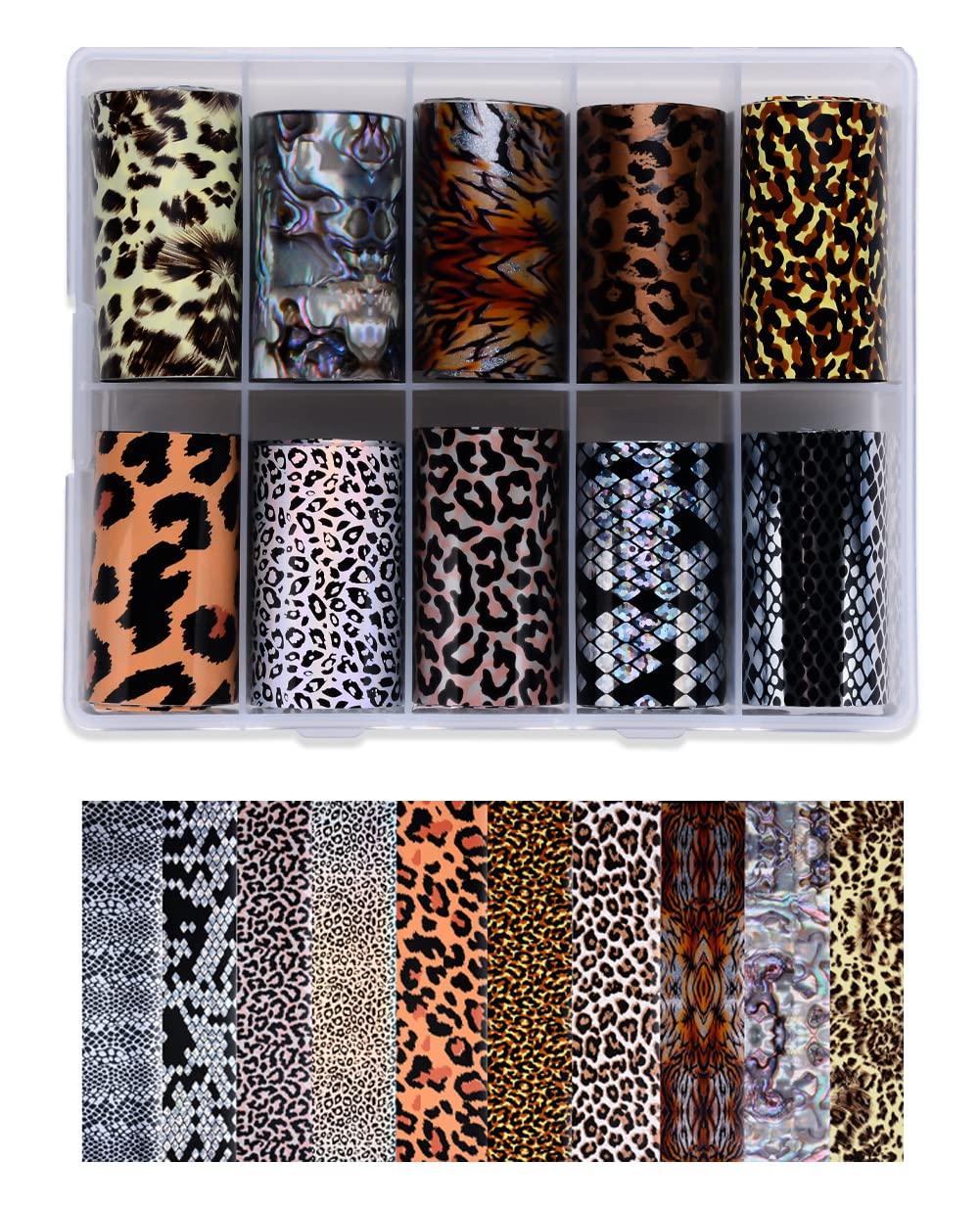 S.A.V.I 10 Rolls Nail Foil Transfer Sticker DIY Holographic Nail Decoration, 10 Leopard Designs, 4x100CM Each roll