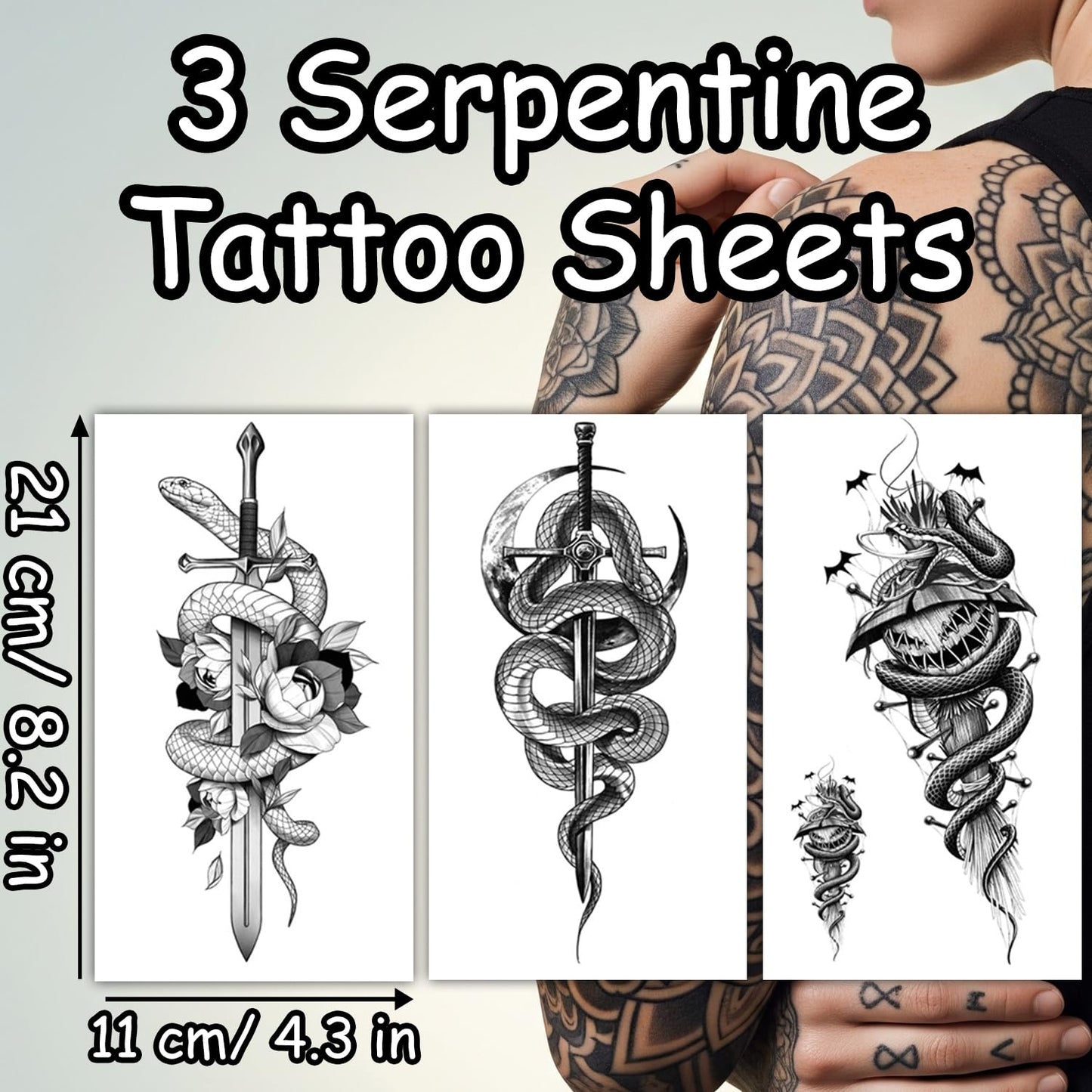 S.A.V.I 3 Serpentine Snake Sword Temporary Tattoo Sheets for Men & Women | Large 21x11cm Black Realistic Waterproof Non-Toxic Body Art Stickers – Long Lasting, Easy to Apply & Remove (Snake-1)