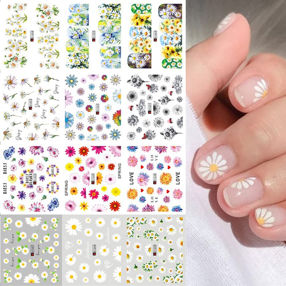 S.A.V.I 12 Sheets Colorful Daisy Flower, Water Transfer Nail Sticker, Decals DIY for Manicure