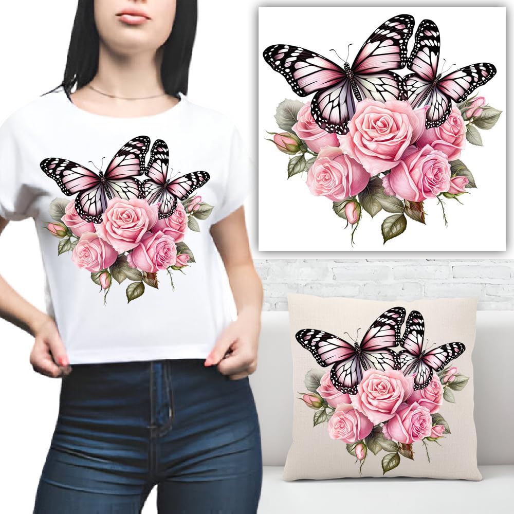 S.A.V.I Pink Butterfly  Roses Iron-On Patch (8.5x7 Inch) | DIY Heat Transfer Applique for T-Shirts, Hoodies, Denim, Pillows, Bags | Washable Fabric Sticker for Clothes  Backpacks - Easy, Durable Design