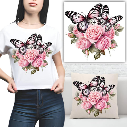 S.A.V.I Pink Butterfly  Roses Iron-On Patch (8.5x7 Inch) | DIY Heat Transfer Applique for T-Shirts, Hoodies, Denim, Pillows, Bags | Washable Fabric Sticker for Clothes  Backpacks - Easy, Durable Design