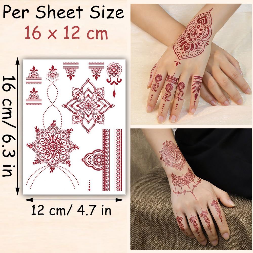 S.A.V.I 2 Sheets - Temporary Mehndi Tattoo Stickers for Hands (16x12 cm) | Red Henna Style | Waterproof, Non-Toxic | Mandala & Floral Design for Women & Girls | Festival & Bridal Use (#44)