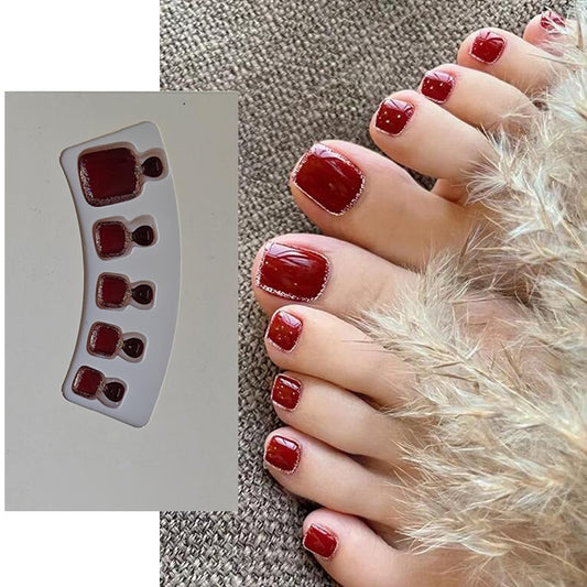 S.A.V.I 24 PCS Wine Red Glitter False Toe Nails Set | Easy-to-Apply DIY Nail Extensions for Pedicure | Long-Lasting Press-On Artificial Nails for Women | Trendy  Elegant Stick-On Design
