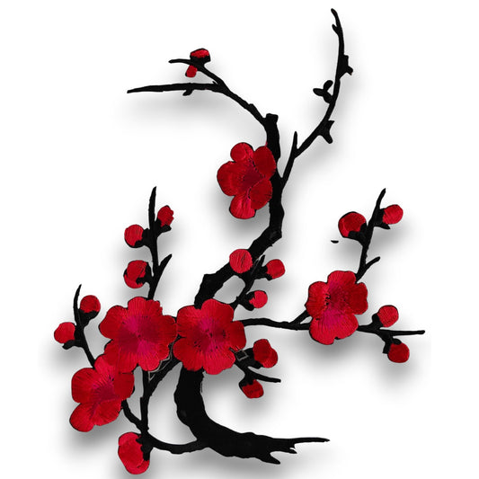S.A.V.I 3D Red Cherry Blossom Embroidered Iron-On Patch for Clothes | Floral Applique for Sarees, Kurtis, Jackets & DIY | 7x6.1 inch | Heat Press Pre-Glued Fabric Patch for Decoration & Repair