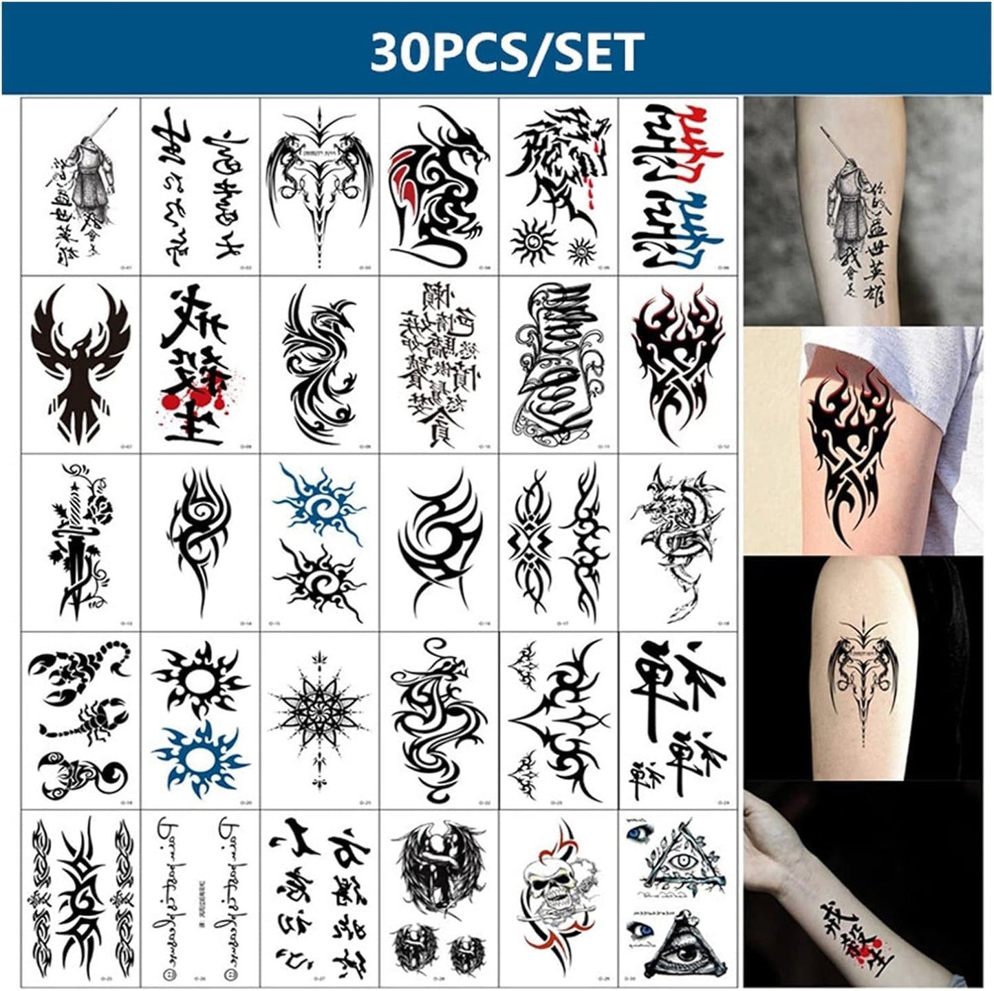 S.A.V.I 30 Pcs Black Tribal Temporary Tattoos for Men & Women – Safe Non-Toxic Waterproof Body Art, 9.7x5.7cm, Long-Lasting Stylish Designs for Arms, Legs, Back, Neck – Easy to Apply & Remove (06)