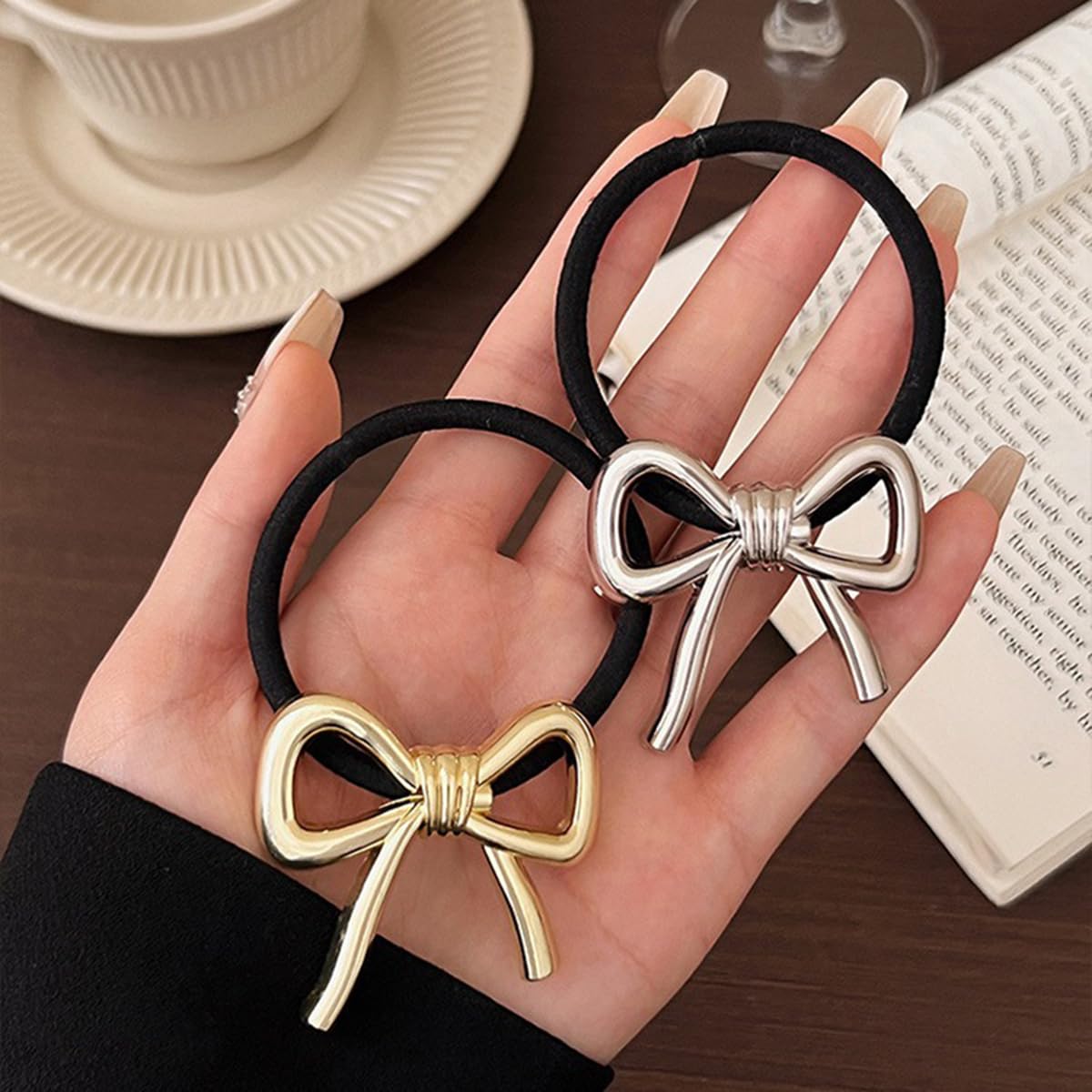 S.A.V.I 2pcs Elastic Hair Ties with Big Alloy Metal Bow | Stylish Gold & Silver Hair Accessories for Women & Girls | Durable Black Ponytail Holders | Cute Rubber Bands Size 4.5 x 4.6 cm