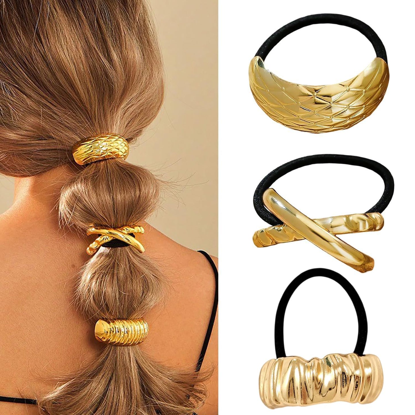 S.A.V.I 3pcs Gold Alloy Metal Hair Ties for Women – Elastic Ponytail Holders | Stylish Durable Hair Accessories with Abstract Geometric Design for Daily & Party