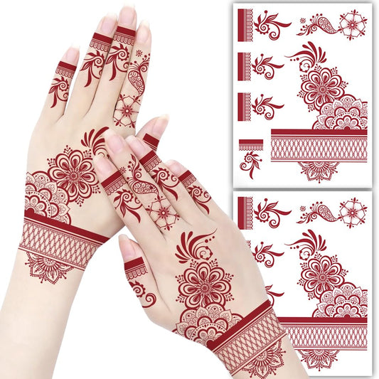 S.A.V.I 2 Sheets - Red Mehndi Style Temporary Tattoo Stickers for Women & Girls (16x12cm) | Floral Net Design | Waterproof, Safe, Non-Toxic Body Art for Hands – Easy to Apply & Remove (#63)
