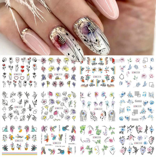 S.A.V.I 12 Sheets Colorful Flower Leaves, Water Transfer Nail Sticker, Decals DIY for Manicure