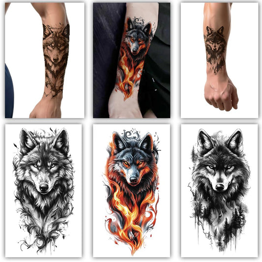 S.A.V.I 3 Wolf Temporary Tattoo Sheets for Men & Women | Large Arm Sleeve Design 21x11 cm | Realistic Black & Color Fire | Safe Non-Toxic Waterproof Long-Lasting Body Art Stickers (Wolf)
