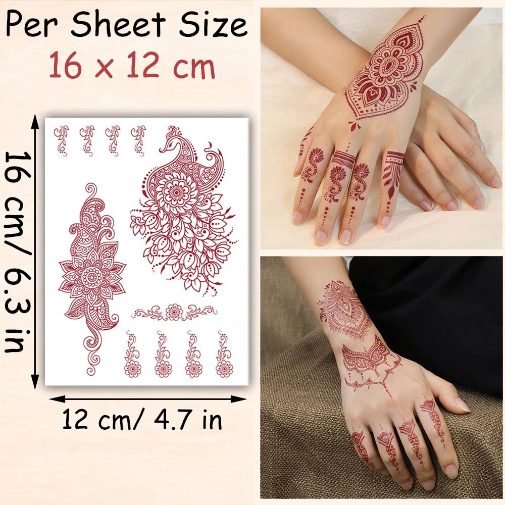 S.A.V.I 2 Sheets - Temporary Mehndi Tattoo Stickers for Hands (16x12 cm) | Red Henna Style | Waterproof, Non-Toxic | Mandala & Floral Design for Women & Girls | Festival & Bridal Use (#40)