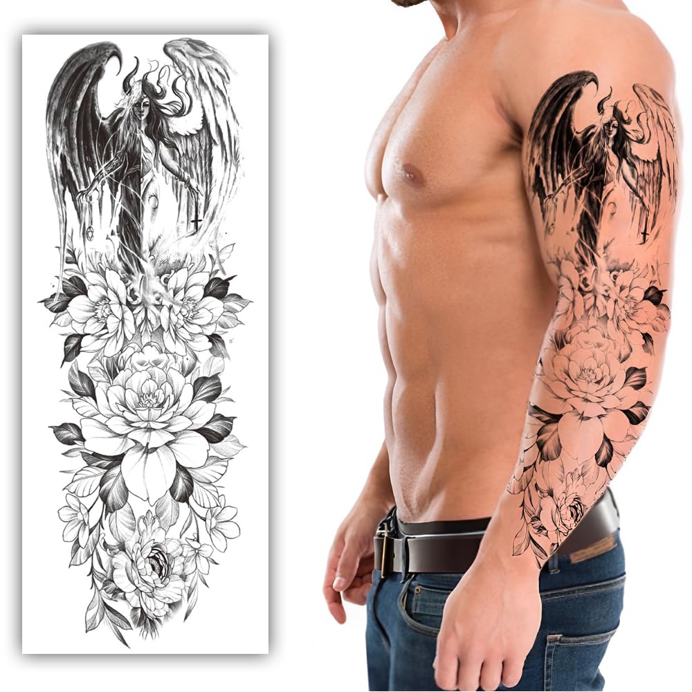 S.A.V.I Full Arm Temporary Tattoo for Men – 48x17 cm Black Dragon & Floral Sleeve Design | Waterproof, Long-Lasting, Non-Toxic Body Art Sticker | Easy to Apply & Remove | Realistic Look