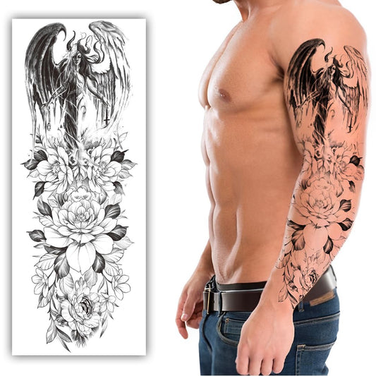 S.A.V.I Full Arm Temporary Tattoo for Men – 48x17 cm Black Dragon & Floral Sleeve Design | Waterproof, Long-Lasting, Non-Toxic Body Art Sticker | Easy to Apply & Remove | Realistic Look