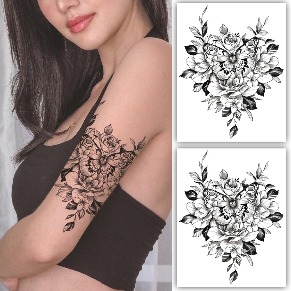 S.A.V.I 2PCS Butterfly Floral Tattoo Stickers - 22x15 cm, Waterproof Temporary Tattoos for Men  Women