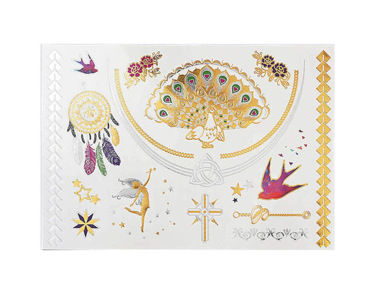 S.A.V.I 3D Temporary Tattoo Golden and Silver Metallic Sticker Colourful Butterflies Swans Peacock Design Size 21x15cm - 1pc. (53), Gold, 2 g