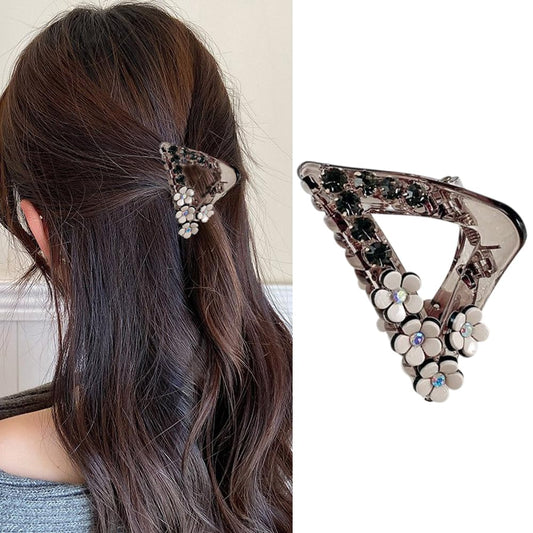 S.A.V.I Brown Triangle Hair Claw Clip for Women & Girls | Small 5.5cm Plastic Clutcher with Floral & Rhinestone Design | Stylish Daily & Party Hair Accessory | Non-Slip Grip