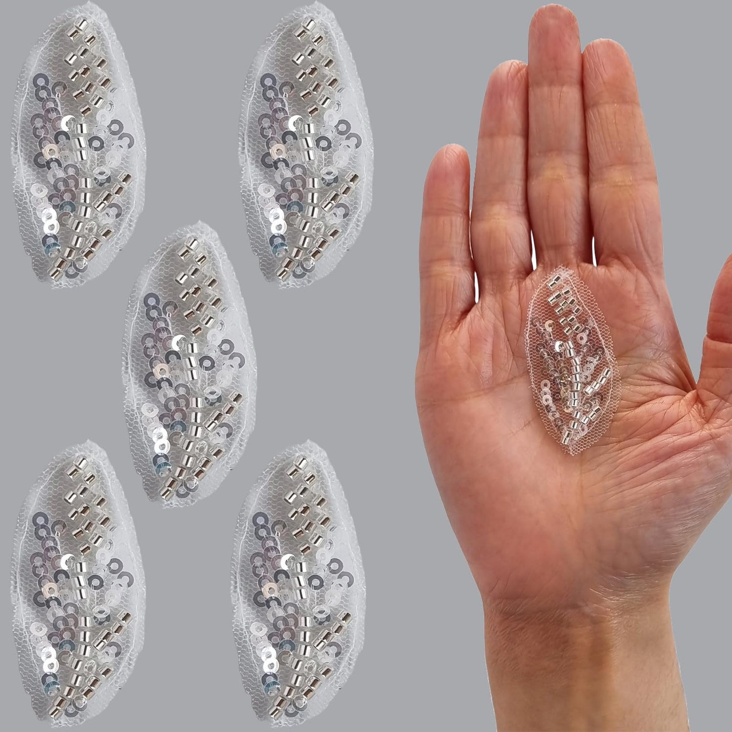 S.A.V.I 5PCS Silver 3D Embroidered Applique Patches – Mesh Lace Fabric with Sequins  Beads – 2x0.8 in, DIY Sewing for Bridal, Saree, Lehenga, Blouse, Gown, Craft  Ethnic Wear