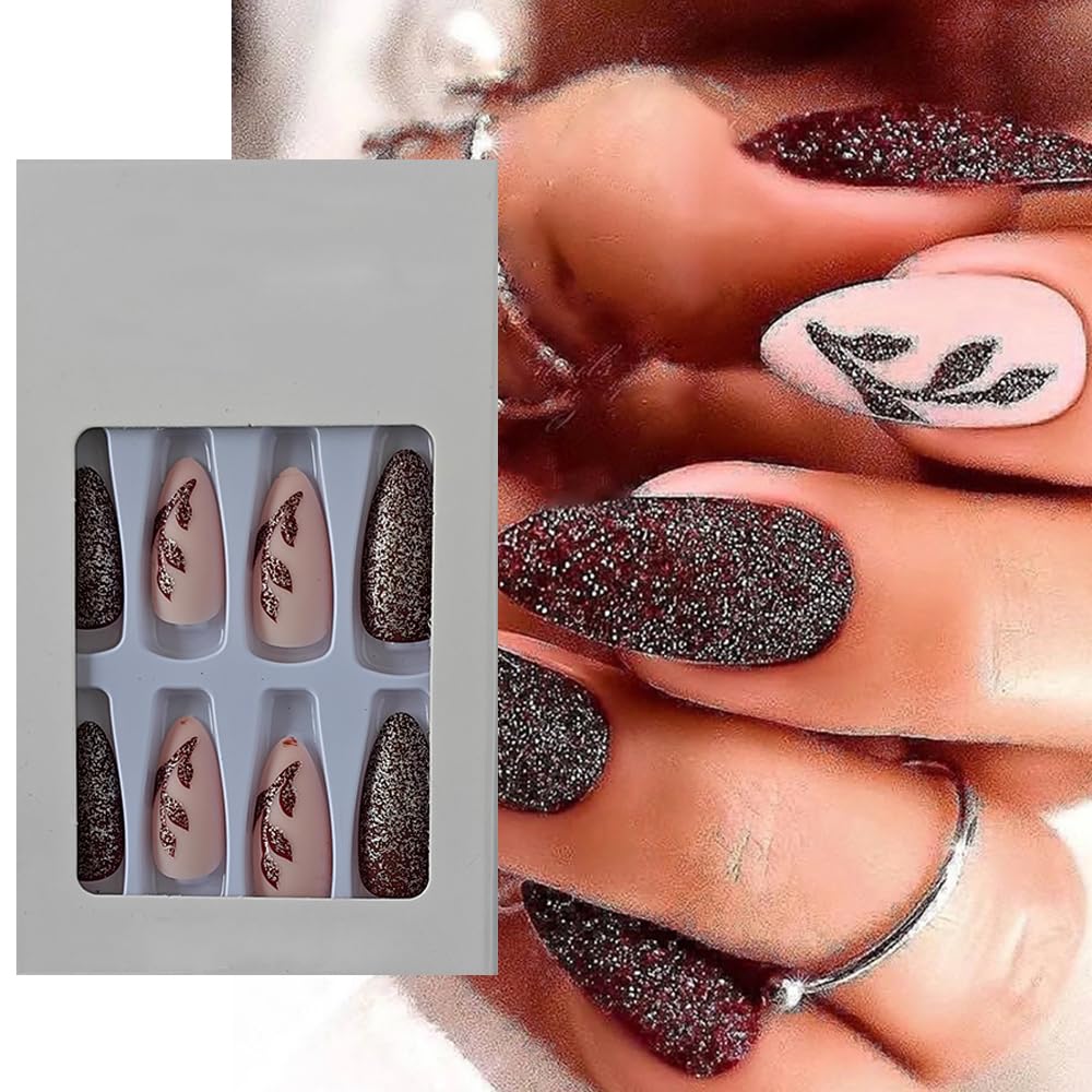 S.A.V.I 24 PCs Long Almond Shape Nude and Glitter Leaf Motif Press-on Fake Nails | DIY Manicure Set | Easy Application  Removal | Durable  Reusable | Salon-Quality Finish | For All Occasions